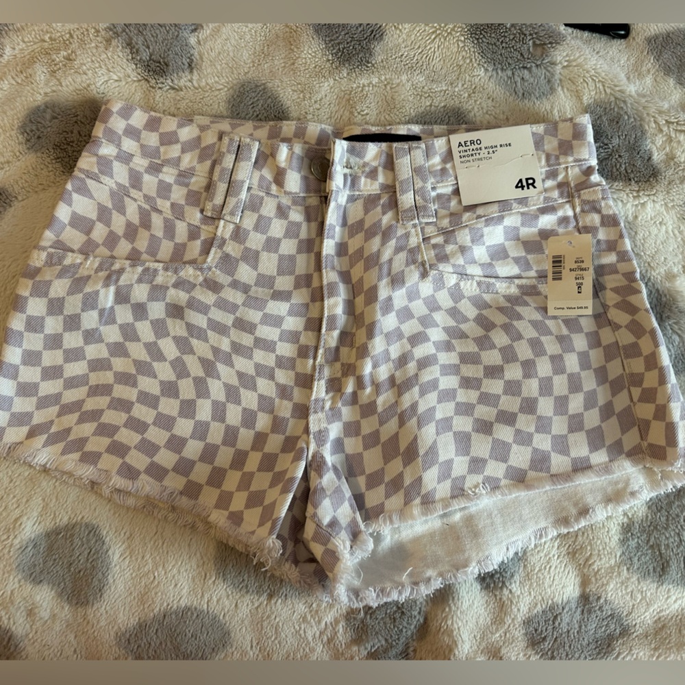 Purple checkered jean shorts